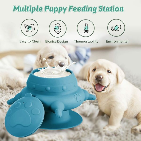 Puppy Feeder 4 Teats Puppy Milk Feeder Silicone Puppy Nursing Station, 240ml Puppy Nursing Bottles for Kittens Rabbits-Blue