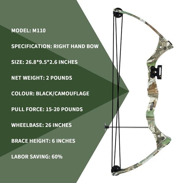 Compound Bow Arrow Set 15-20lbs Archery Sports Hunting Target Shooting RH Adjustable Speed for Youth Beginner Practice Camo