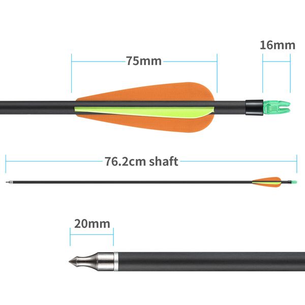 10x Fiberglass Arrows 76.2cm Shaft Archery Practice Target Shooting 18-55lbs Compound Recurve Bow Youth Beginners Dia. 8mm