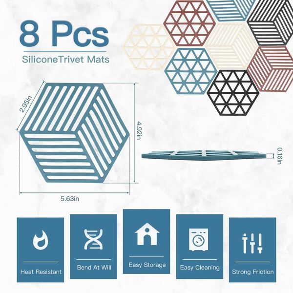 8 Pcs Silicone Trivet Mats and Hot Pads Hexagon Heat Multifunction Kitchen Tool for Bowl Mats, Dish Mats Placemats