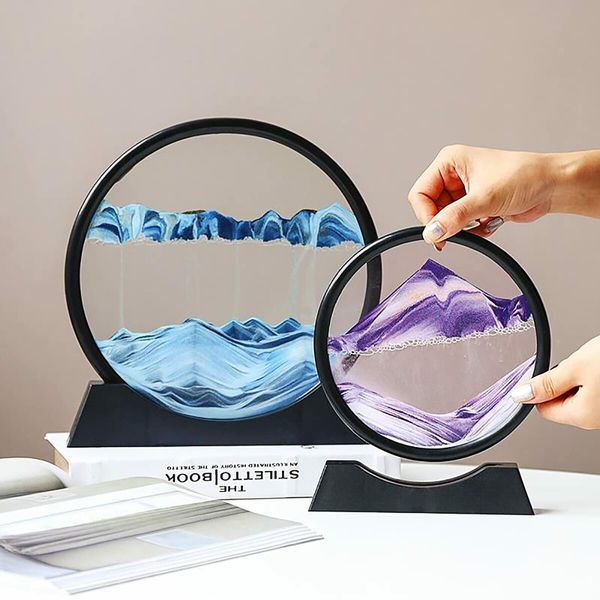 Moving Sand Art, 3D Dynamic Sand Art Liquid Motion, Round Glass 3D Deep Sea Sandscape Relaxing Home and Office Decorations (Purple,18cm)