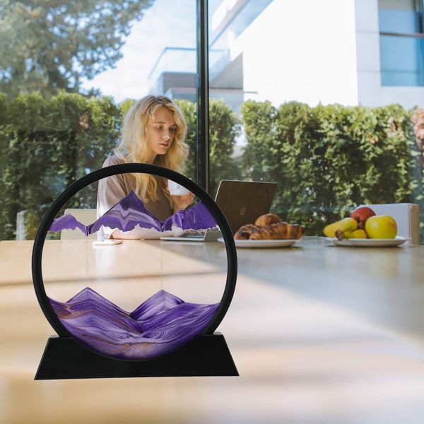 Moving Sand Art, 3D Dynamic Sand Art Liquid Motion, Round Glass 3D Deep Sea Sandscape Relaxing Home and Office Decorations (Purple,18cm)