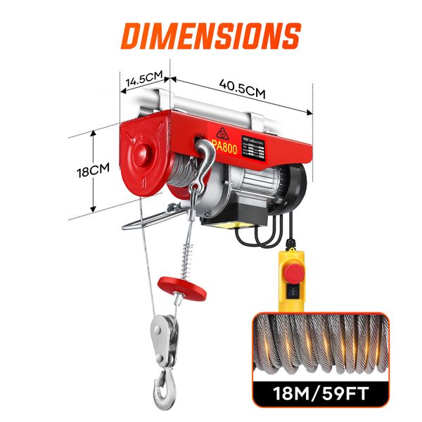 Shogun Electric Engine Crane Hoist Mini Winch Chain Lifting Machine 400/800kg 220v 18m Rope Remote Cable Wire Motor Tool