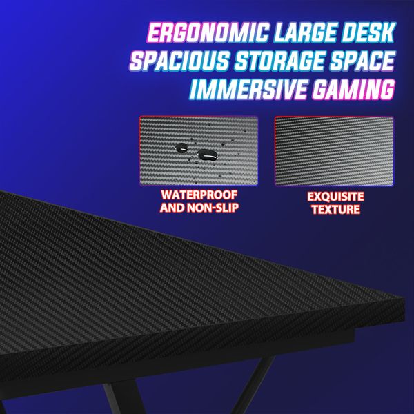 Corner Gaming Desk L Shaped Office Computer Table Racer Gamers Workstation LED RGB Black Carbon Fibre USB Wireless Charger