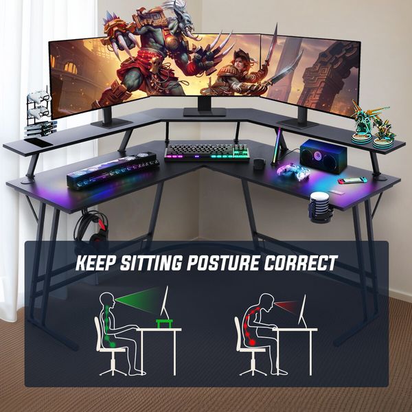 Corner Gaming Desk L Shaped Office Computer Table Racer Gamers Workstation LED RGB Black Carbon Fibre USB Wireless Charger