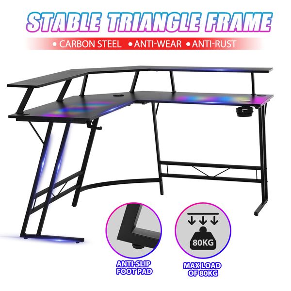 Corner Gaming Desk L Shaped Office Computer Table Racer Gamers Workstation LED RGB Black Carbon Fibre USB Wireless Charger