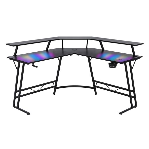 Corner Gaming Desk L Shaped Office Computer Table Racer Gamers Workstation LED RGB Black Carbon Fibre USB Wireless Charger