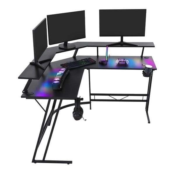 Corner Gaming Desk L Shaped Office Computer Table Racer Gamers Workstation LED RGB Black Carbon Fibre USB Wireless Charger