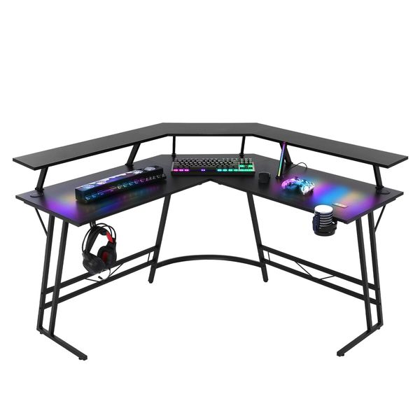 Corner Gaming Desk L Shaped Office Computer Table Racer Gamers Workstation LED RGB Black Carbon Fibre USB Wireless Charger