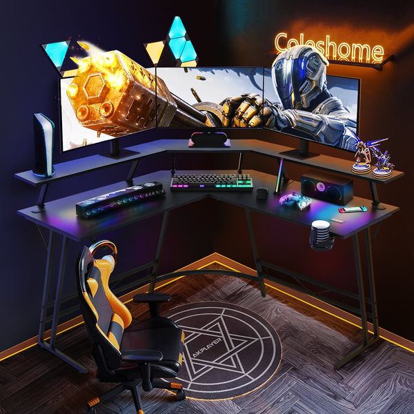 Corner Gaming Desk L Shaped Office Computer Table Racer Gamers Workstation LED RGB Black Carbon Fibre USB Wireless Charger