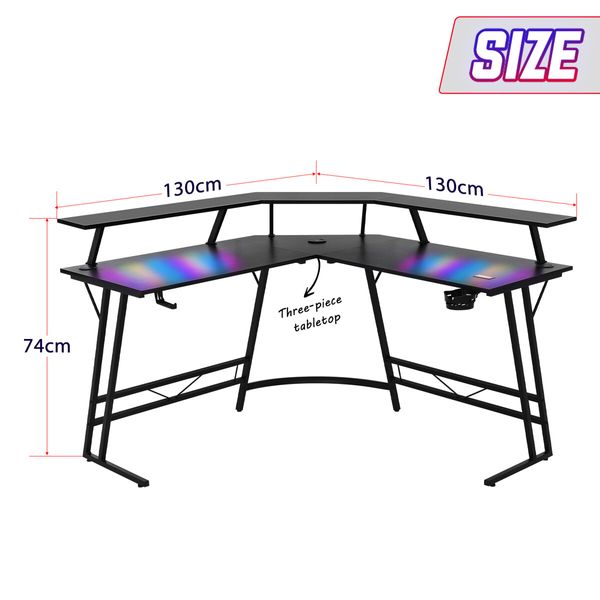 Corner Gaming Desk L Shaped Office Computer Table Racer Gamers Workstation LED RGB Black Carbon Fibre USB Wireless Charger