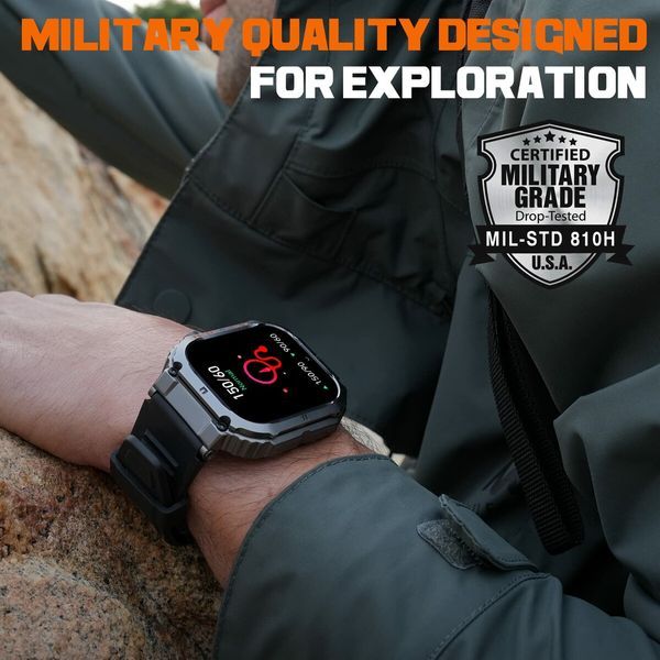 Smart Watch,100M Waterproof Rugged Military Smartwatch with Bluetooth Call(Answer/Dial Calls) 2-inch Utral Large HD Display 70 Days Extra Long Battery Life,100+ Sports Modes Fitness Tracker (Black)