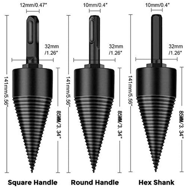 Firewood Log Splitter,3pcs Drill Bit Removable Cones Kindling Wood Splitting logs bits Heavy Duty Electric Drills Screw Cone Driver Hex + Square + Round 32mm/1.26inch