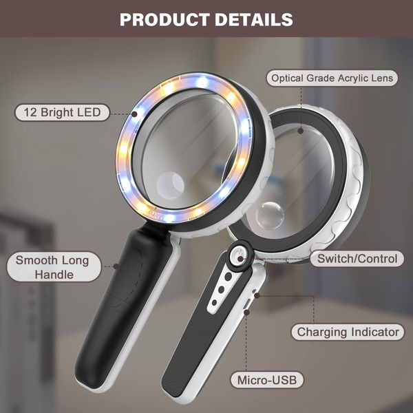 Magnifying Glass with Light LED Handheld Illuminated Lighted , 3 Cool and Warm Light Modes & Adjustable Brightness, Seniors Reading,Powered by USB