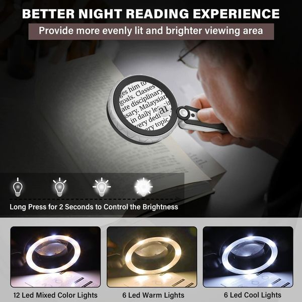 Magnifying Glass with Light LED Handheld Illuminated Lighted , 3 Cool and Warm Light Modes & Adjustable Brightness, Seniors Reading,Powered by USB