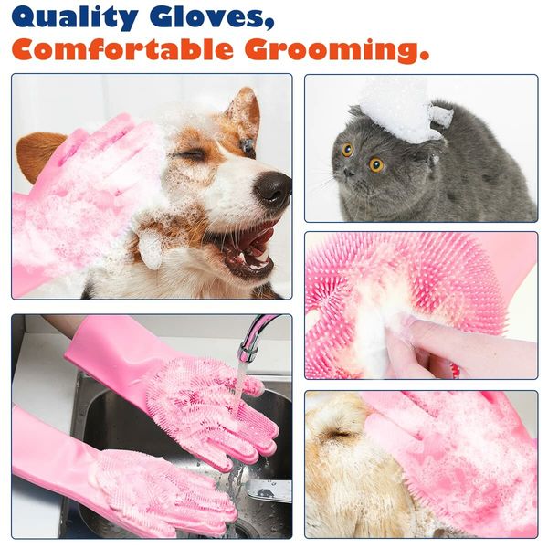 Pet Grooming Gloves, Dog Bathing Shampoo Gloves Pet Hair Remover Brush for Cat & Dogs-Pink