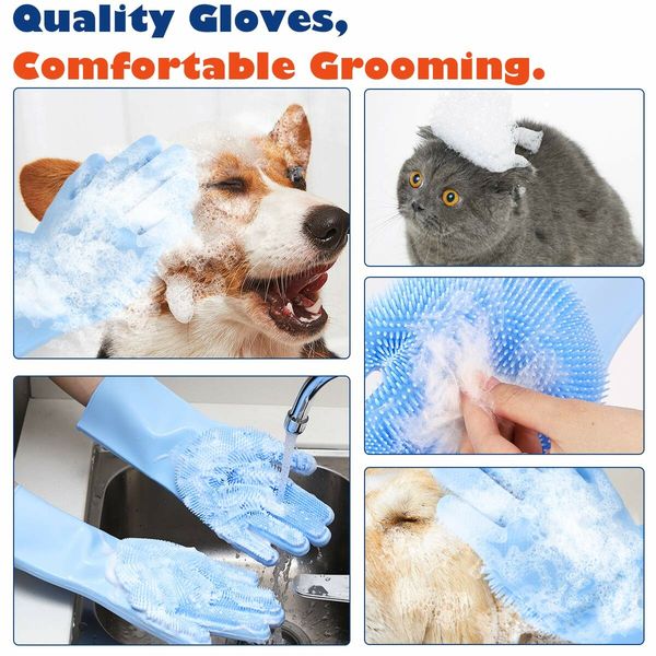 Pet Grooming Gloves, Dog Bathing Shampoo Gloves Pet Hair Remover Brush for Cat & Dogs-Light Blue