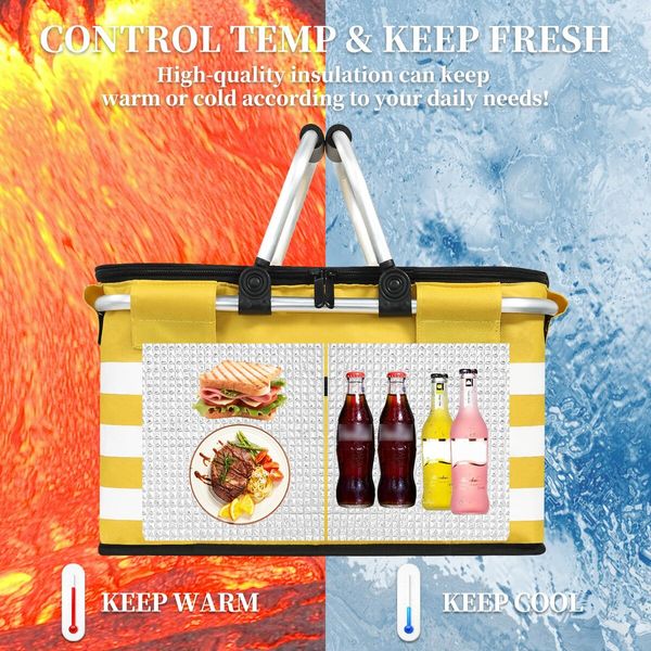 Insulated Picnic Basket,Leak-Proof Collapsible Cooler Bag,26L Grocery Basket with Lid,2 Sturdy Handles,Storage Basket for Picnic,Food Delivery,Take Outs,Market Shopping,Travel (Yellow)