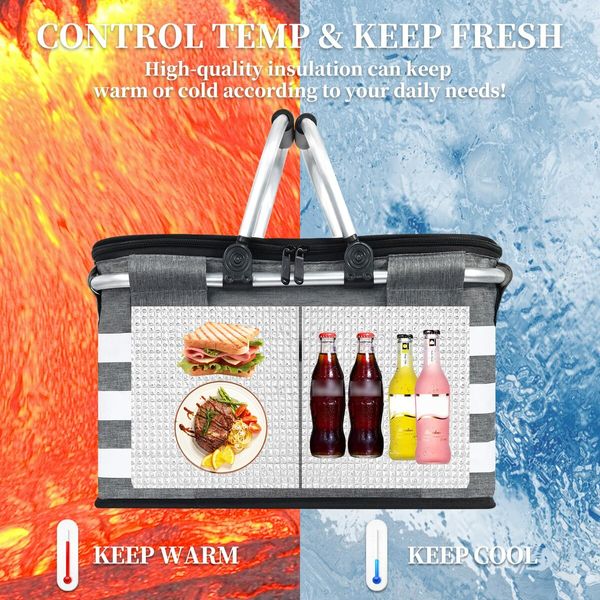 Insulated Picnic Basket,Leak-Proof Collapsible Cooler Bag,26L Grocery Basket with Lid,2 Sturdy Handles,Storage Basket for Picnic,Food Delivery,Take Outs,Market Shopping,Travel (Gray)