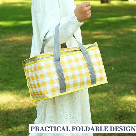 Insulated Picnic Bag Reusable,Beach Bag Cooler Bags,Cooler Bags with Zippered Top,Insulated Bag for Hot or Cold,Picnic,Beach,Food Delivery,Outdoor (Yellow & White)