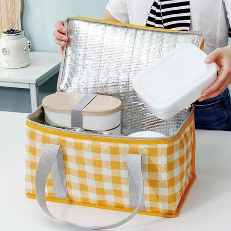 Insulated Picnic Bag Reusable,Beach Bag Cooler Bags,Cooler Bags with Zippered Top,Insulated Bag for Hot or Cold,Picnic,Beach,Food Delivery,Outdoor (Yellow & White)