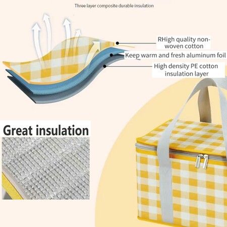 Insulated Picnic Bag Reusable,Beach Bag Cooler Bags,Cooler Bags with Zippered Top,Insulated Bag for Hot or Cold,Picnic,Beach,Food Delivery,Outdoor (Yellow & White)