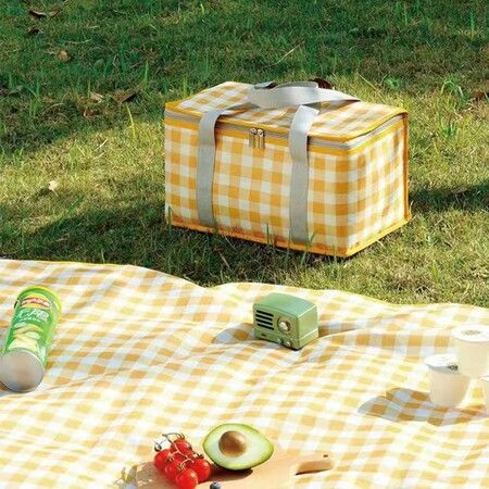 Insulated Picnic Bag Reusable,Beach Bag Cooler Bags,Cooler Bags with Zippered Top,Insulated Bag for Hot or Cold,Picnic,Beach,Food Delivery,Outdoor (Yellow & White)