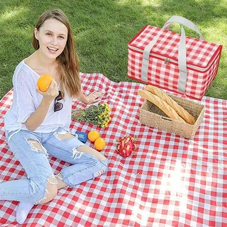 Insulated Picnic Bag Reusable,Beach Bag Cooler Bags,Cooler Bags with Zippered Top,Insulated Bag for Hot or Cold,Picnic,Beach,Food Delivery,Outdoor (Red & White)