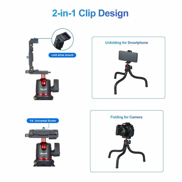 Camera Tripod Stand with Hidden Phone Holder Cold Shoe Mount 1/4'' Screw for Magic Arm Universal for iPhone 13 Sony Cameras