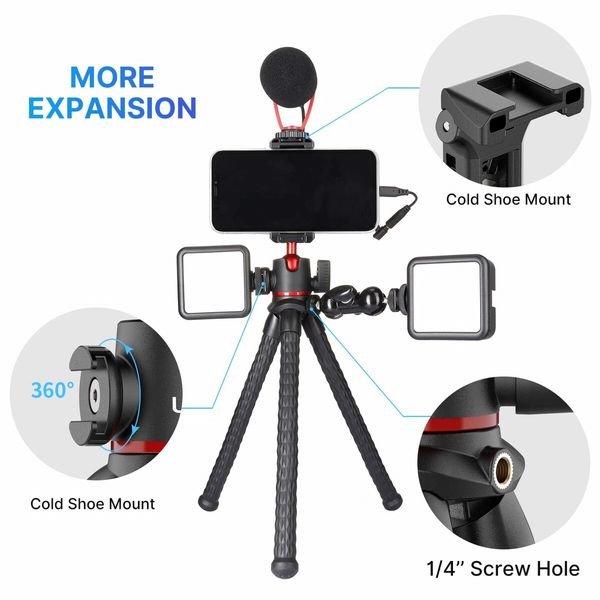 Camera Tripod Stand with Hidden Phone Holder Cold Shoe Mount 1/4'' Screw for Magic Arm Universal for iPhone 13 Sony Cameras