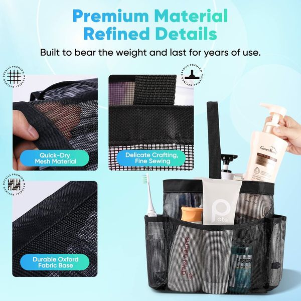 Mesh Shower Caddy Portable for College Dorm Room Essentials,Portable Shower Caddy Dorm with 8-Pocket Large Capacity,Shower Bag for Beach,Swimming,Gym (Black)