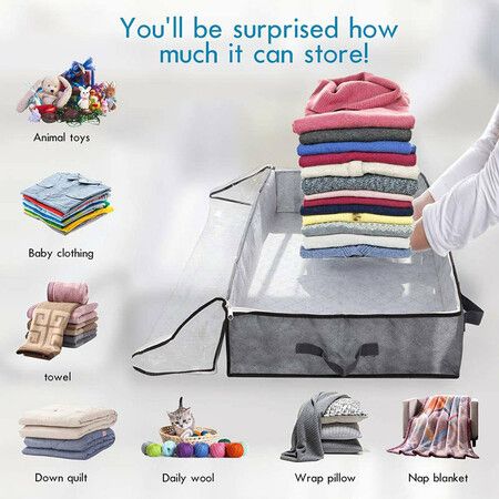 2PCS Under Bed Storage Bag with Reinforced Handles,Underbed Storage with Transparent Window for Easy Identification,For Clothes,Blankets and Shoes,Gray