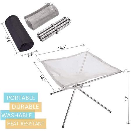 Folding Portable Fire Pit for Camping, Compact and Collapsible Outdoor Firepit with Stainless Steel Mesh 16.5 inch