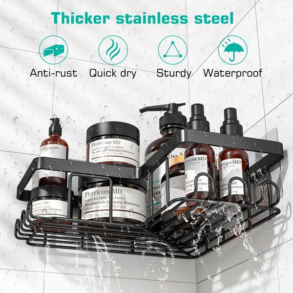 Corner Shower Caddy,Adhesive Shower Caddy with Soap Holder and 12 Hooks,Rustproof Stainless Steel Bathroom Shower Organizer,No Drilling Wall Mounted Shower Rack,for Bathroom (3Pack Black)