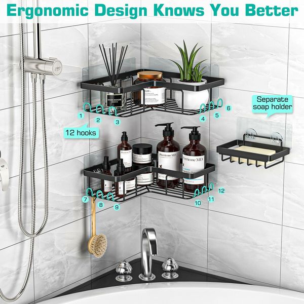 Corner Shower Caddy,Adhesive Shower Caddy with Soap Holder and 12 Hooks,Rustproof Stainless Steel Bathroom Shower Organizer,No Drilling Wall Mounted Shower Rack,for Bathroom (3Pack Black)