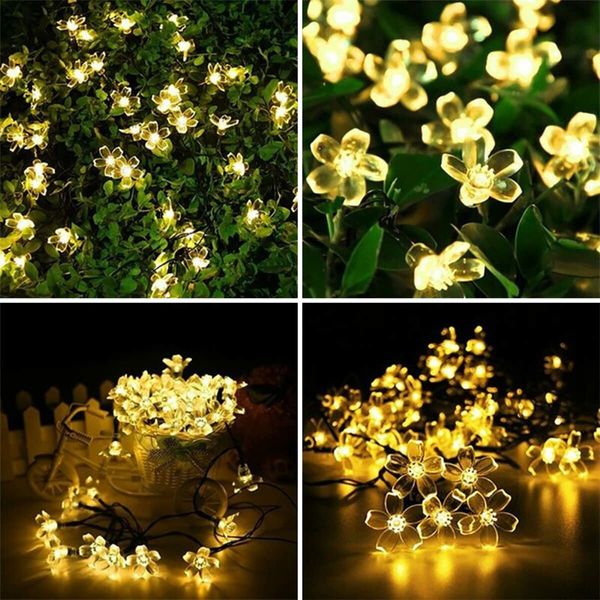 Outdoor Solar Flower String Lights Waterproof 50 LED Fairy Light Decorations for Christmas Tree Garden Patio Fence Yard Spring (Warm White)