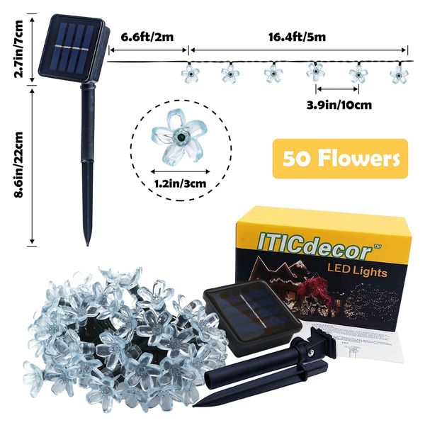 Outdoor Solar Flower String Lights Waterproof 50 LED Fairy Light Decorations for Christmas Tree Garden Patio Fence Yard Spring (Warm White)