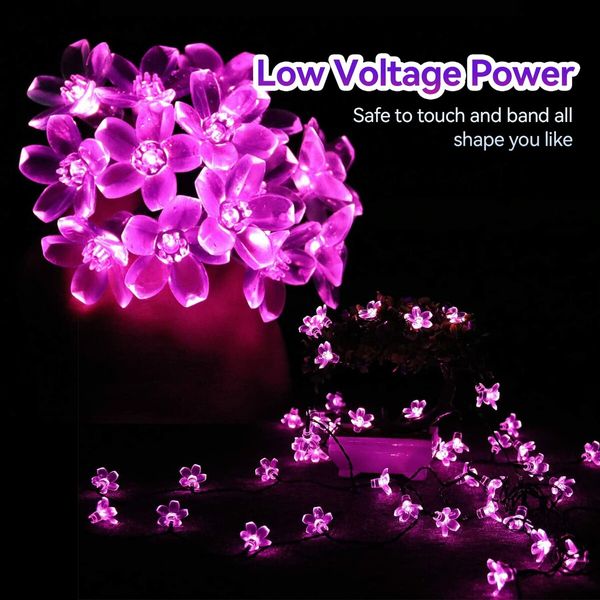 Outdoor Solar Flower String Lights Waterproof 50 LED Fairy Light Decorations for Christmas Tree Garden Patio Fence Yard Spring (Pink)