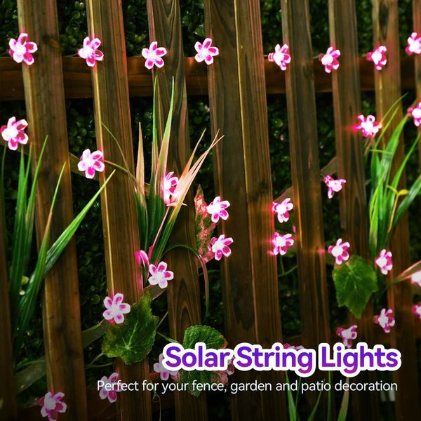 Outdoor Solar Flower String Lights Waterproof 50 LED Fairy Light Decorations for Christmas Tree Garden Patio Fence Yard Spring (Pink)