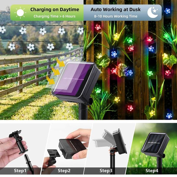 Outdoor Solar Flower String Lights Waterproof 50 LED Fairy Light Decorations for Christmas Tree Garden Patio Fence Yard Spring (Multi-Color)