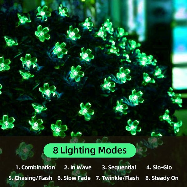 Outdoor Solar Flower String Lights Waterproof 50 LED Fairy Light Decorations for Christmas Tree Garden Patio Fence Yard Spring (Green)