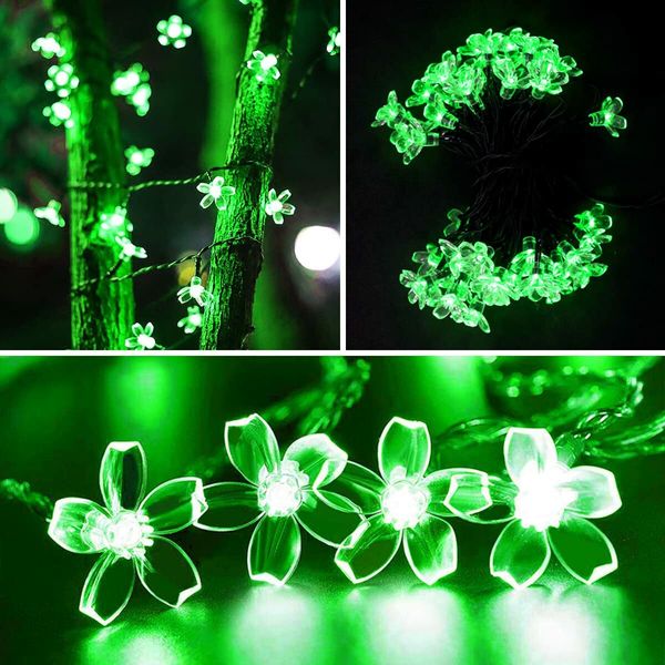 Outdoor Solar Flower String Lights Waterproof 50 LED Fairy Light Decorations for Christmas Tree Garden Patio Fence Yard Spring (Green)