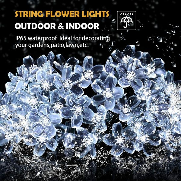 Outdoor Solar Flower String Lights Waterproof 50 LED Fairy Light Decorations for Christmas Tree Garden Patio Fence Yard Spring (Cool White)