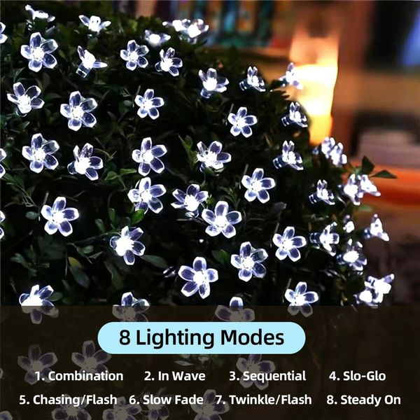 Outdoor Solar Flower String Lights Waterproof 50 LED Fairy Light Decorations for Christmas Tree Garden Patio Fence Yard Spring (Cool White)