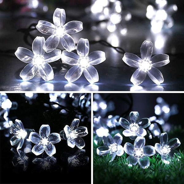 Outdoor Solar Flower String Lights Waterproof 50 LED Fairy Light Decorations for Christmas Tree Garden Patio Fence Yard Spring (Cool White)