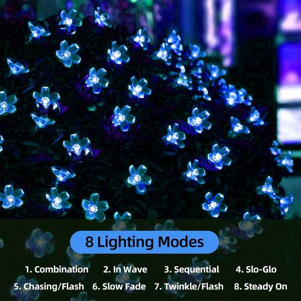 Outdoor Solar Flower String Lights Waterproof 50 LED Fairy Light Decorations for Christmas Tree Garden Patio Fence Yard Spring (Blue)