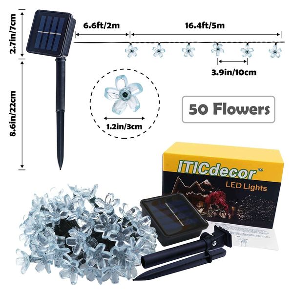 Outdoor Solar Flower String Lights Waterproof 50 LED Fairy Light Decorations for Christmas Tree Garden Patio Fence Yard Spring (Blue)