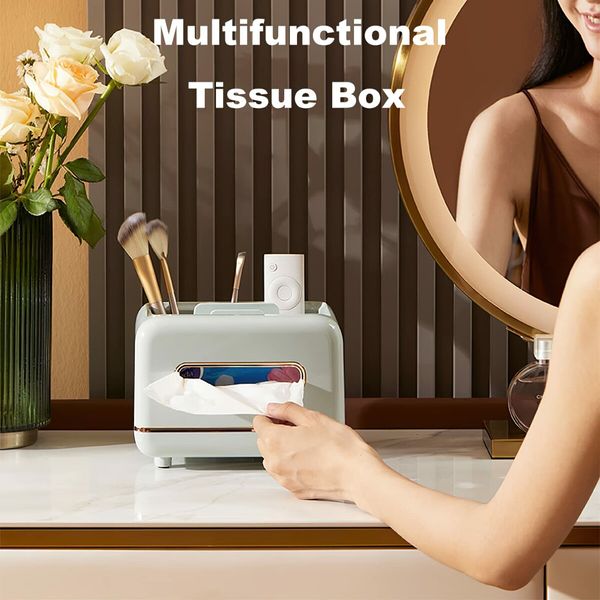 Multifunctional Tissue Storage Box Vanity Countertop Small Size Organizer for Paper Remotes Phone Glasses Etc-Dark Green