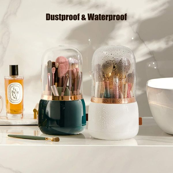 Rotating 360 Makeup Brush Holder Organizer Box with Lid Storage Dust Acrylic Cosmetics Holders Storage Cup(Dark Green)