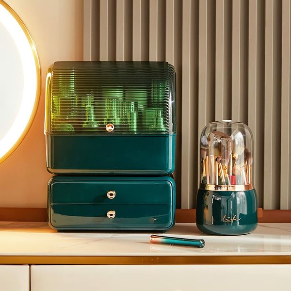 Rotating 360 Makeup Brush Holder Organizer Box with Lid Storage Dust Acrylic Cosmetics Holders Storage Cup(Dark Green)